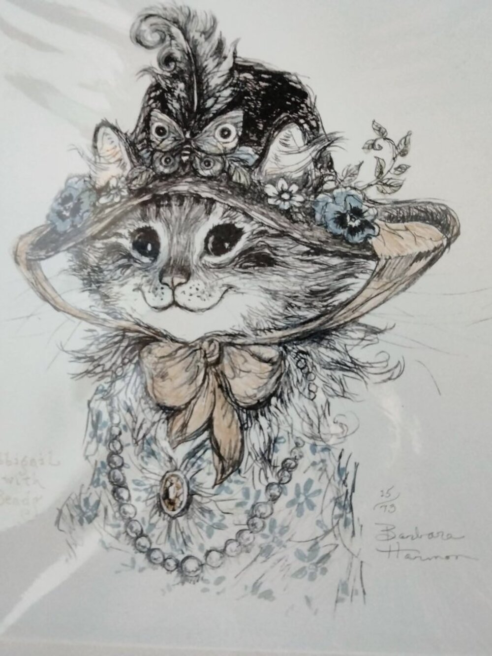 Cat Print Tabbigail With Beads Barbara Harmon Color Lithograph Signed Number Mat